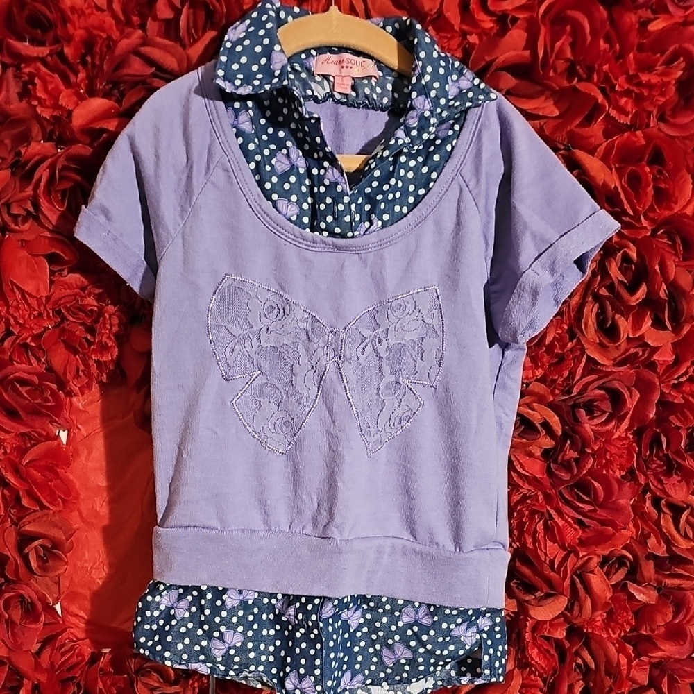 Heart Soul Girls Purple Shirt with Bow Lace Design Size Small